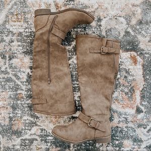 JustFab Ember Knee High Brown Zip Boots